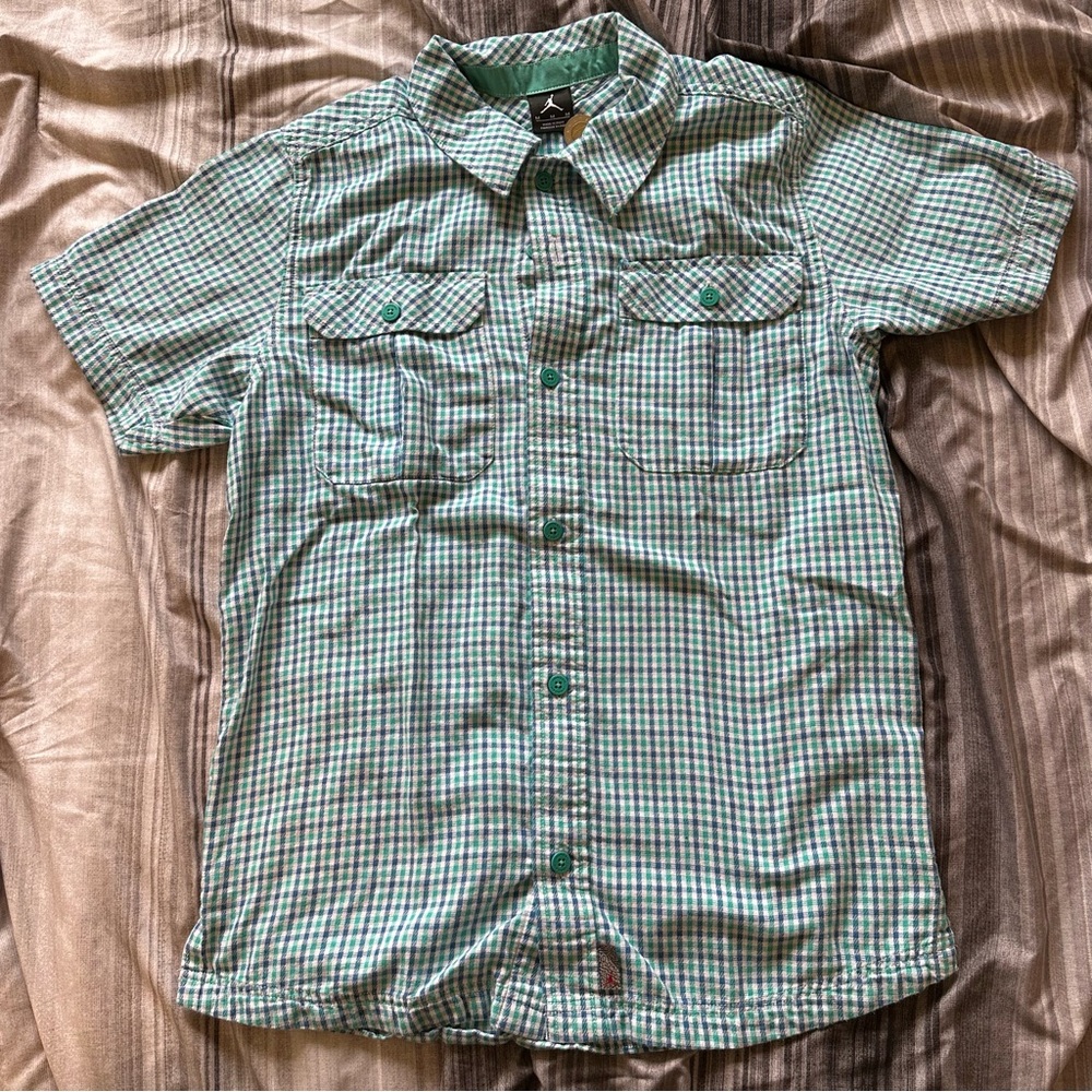 Air Jordan Button Up T Shirt Mens Large Aqua/Purple/White Short Sleeve Plaid